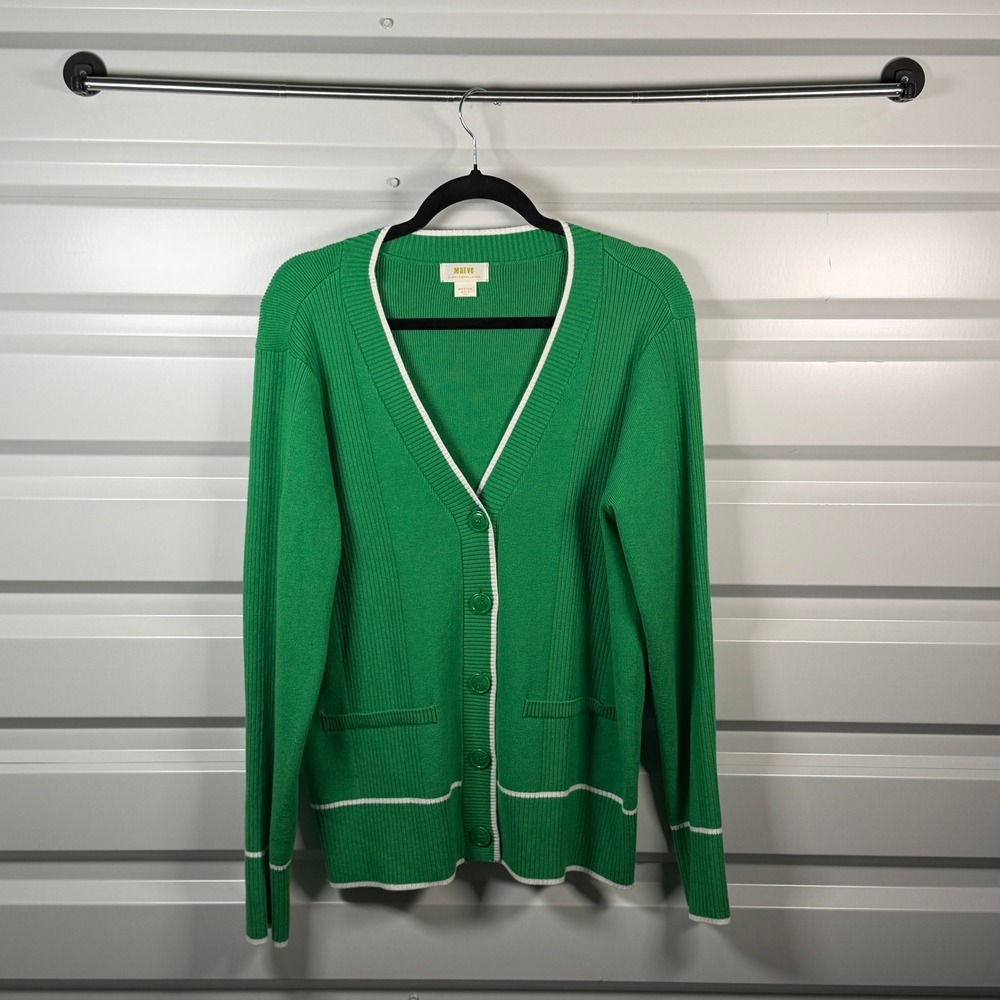 Maeve Anthropologie Green‎ Ribbed V-Neck Cardigan Sweater White Trim Medium